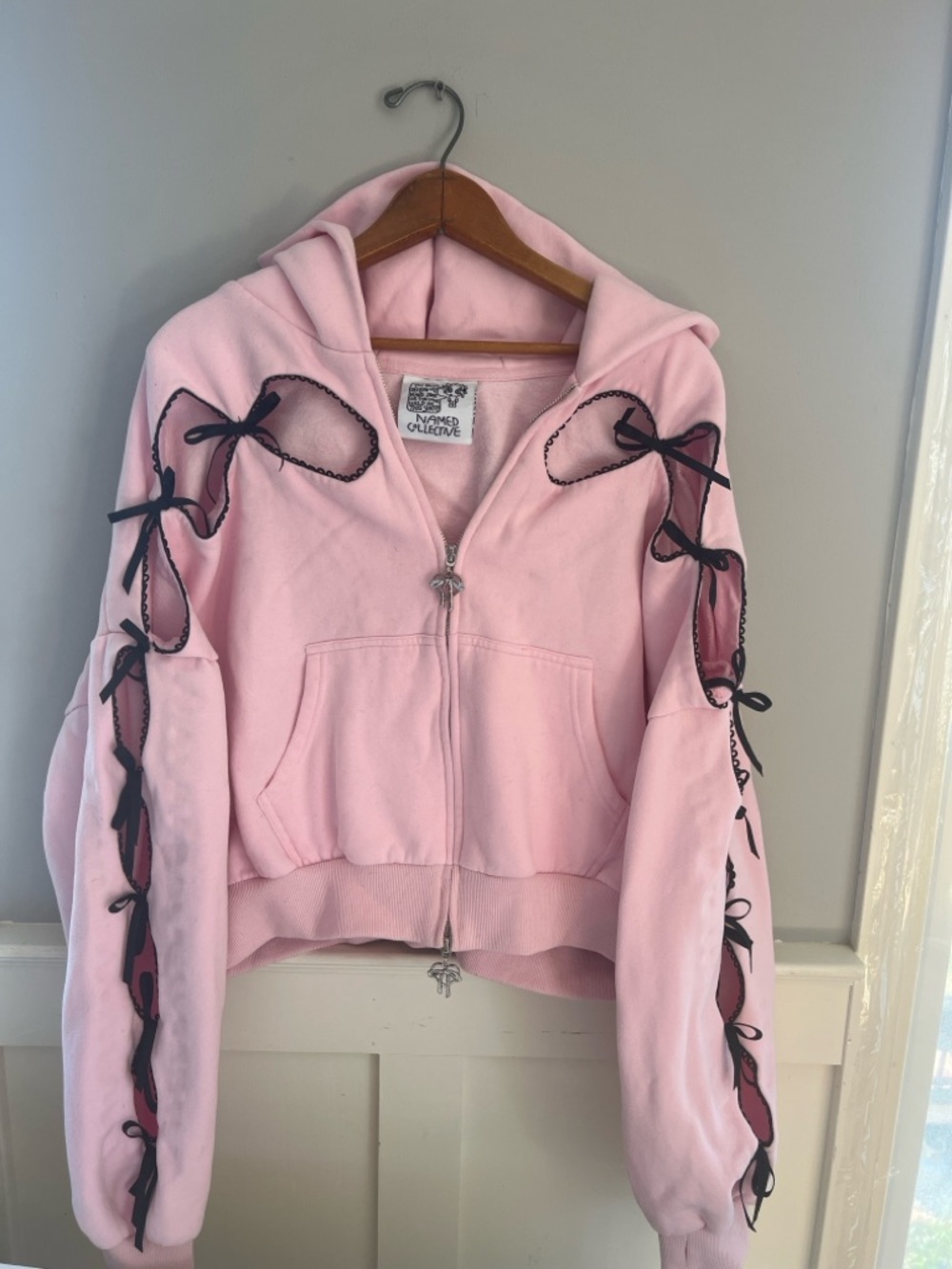 Named Collective Pink Bow Cutout Zip Hoodie – Size L/XL